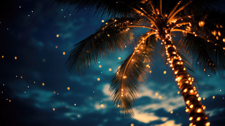 A palm tree adorned with sparkling lights, its silhouette standing out against the dark night sky.の素材