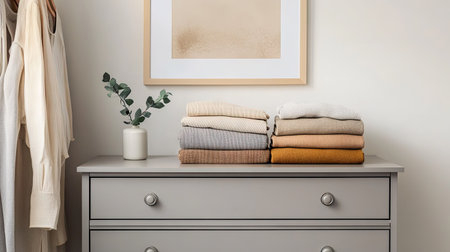 A minimalist bedroom with a gray chest of drawers holding neatly folded neutral-toned clothing and a framed artwork above.の素材