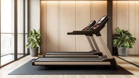 A high-quality shot of a treadmill with a digital display, standing unused in a spacious, minimalist gym with neutral colors.の素材