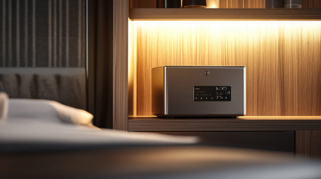 A modern hotel room with a sleek, digital metal safe placed on a wooden shelf for guest securityの素材