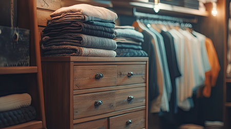 A modern chest of drawers in a walk-in closet, with visible stacks of folded clothes in neutral tones and soft lighting.の素材