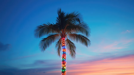 A palm tree decorated with twinkling lights, standing tall on a tropical beach as the sky transitions from dusk to night.の素材