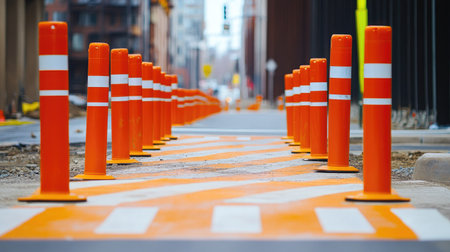 A pedestrian crossing near a construction site, bordered with orange traffic poles and striped plastic tubesの素材
