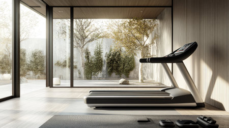 A sleek, modern electric treadmill isolated in the middle of a contemporary gym, emphasizing its minimalist design.の素材