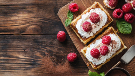A rustic wooden table with millefeuille slices topped with whipped cream, raspberries, and a sprinkle of cocoa.の素材