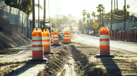 A roadside work area secured with orange traffic poles and red and white plastic tubes under bright sunlightの素材