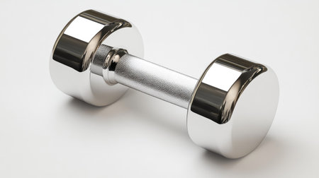 A sleek steel dumbbell with chrome finish, isolated on a clean white background, highlighting its smooth surface and ergonomic design.の素材