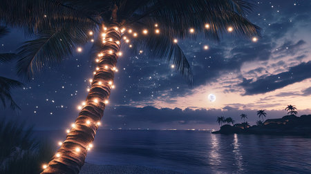 A palm tree with strings of bright white lights wrapped around its trunk, creating a magical night-time atmosphere.の素材