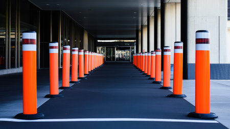 A public event venue entrance marked with orange traffic poles and striped plastic tubes for crowd controlの素材