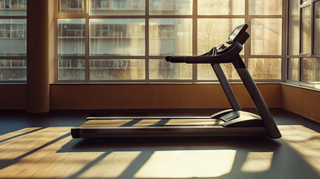 A side view of an empty electric treadmill in a spacious gym, with sunlight streaming through the windows, casting soft shadows.の素材