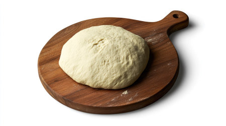 A round wooden cutting board featuring raw pizza dough, minimalist styling, and isolated on a white background.の素材