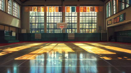 A school gymnasium with an empty basketball court, large windows, and colorful banners hanging aboveの素材