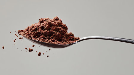 A side profile of a spoon holding a mound of cocoa powder, isolated on a neutral gray background.の素材
