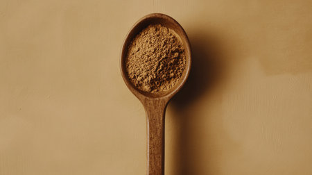 A rustic ceramic spoon holding cocoa powder, styled against a muted terracotta background.の素材