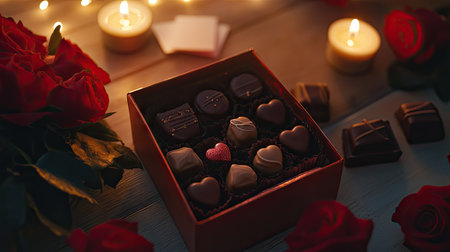 A romantic gift box of Valentine's chocolates, accompanied by a bouquet of roses and soft candlelightの素材