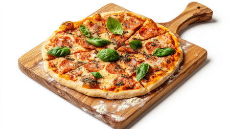 A rustic yet clean arrangement of raw pizza dough on a wooden cutting board with flour, isolated on a plain white background.の素材
