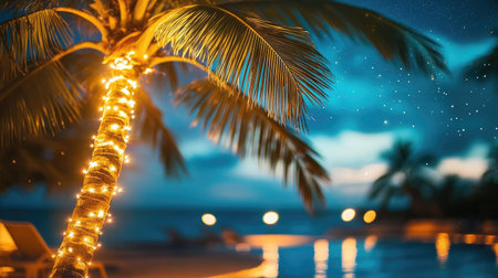A palm tree with bright lights glowing in the night, standing in front of a luxury resort pool with a tropical vibe.の素材