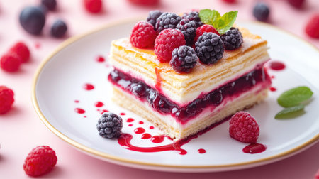 A single millefeuille portion on a white plate, paired with fresh berries and a drizzle of berry sauce.の素材