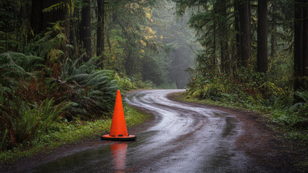 A single orange traffic cone on a winding forest road surrounded by tall evergreen treesの素材