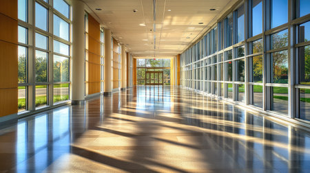 A pristine, sunlit hallway in a modern building, with sleek floors and large windows casting geometric shadowsの素材