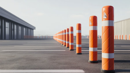 A safety barrier made of orange traffic poles and striped plastic tubes at the edge of a parking areaの素材