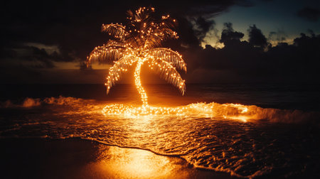 A palm tree wrapped in shimmering lights, casting warm reflections on the surrounding sand and water.の素材