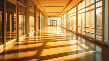 A pristine, sunlit hallway in a modern building, with sleek floors and large windows casting geometric shadowsの素材