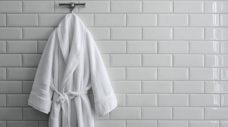 A single white bathrobe hanging on a modern chrome hook in a minimalist bathroom with white subway tiles.の素材