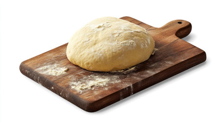 A smooth, fresh pizza dough ball placed on a cutting board, with soft flour accents, isolated on a white surface.の素材