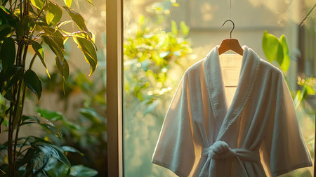 A soft white bathrobe hanging near a frosted glass window with greenery outside, evoking serenity.の素材