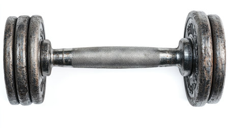 A solitary steel dumbbell in a D view, isolated against a bright white background, highlighting its symmetrical shape.の素材
