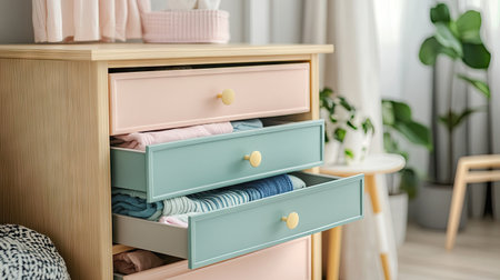 A trendy chest of drawers in a cozy room, with half-open drawers revealing soft, pastel-colored clothes.の素材