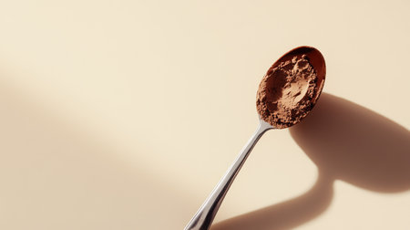 A teaspoon of cocoa powder placed diagonally on a cream-colored background for a simple yet elegant look.の素材