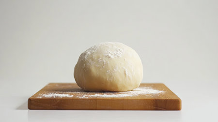 A smooth, unbaked pizza dough ball sitting on a wooden board with a sprinkling of flour, against a plain white background.の素材