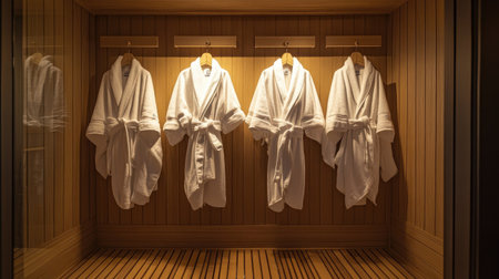 A spa locker room featuring multiple white bathrobes hanging on neatly arranged wooden pegs.の素材