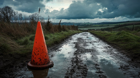 A traffic cone placed on a muddy rural path after heavy rain, with puddles reflecting the cloudy skyの素材