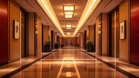 A spacious, empty corridor with polished floors, minimalist lighting, and a sleek, modern designの素材