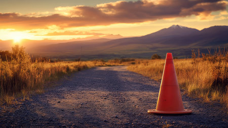 Orange traffic cone on a gravel path, with distant mountains and a dramatic sunset skyの素材