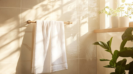 A soft white towel hanging on a wooden clothesline in a bright, sunlit bathroom with light beige tiles and plants on the windowsill.の素材