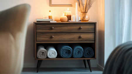 A small, modern chest of drawers with rolled-up clothing inside and decorative accents like books and candles on top.の素材