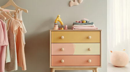 A stylish chest of drawers in a pastel-colored room, partially open to display folded kids' clothing and a few toys on top.の素材