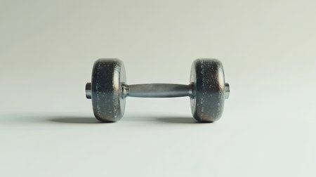 A solitary steel dumbbell in a D view, isolated against a bright white background, highlighting its symmetrical shape.の素材
