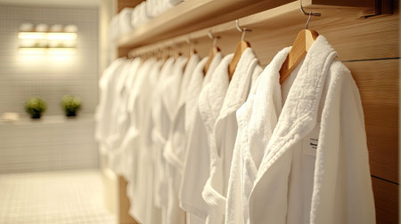 A spa locker room featuring multiple white bathrobes hanging on neatly arranged wooden pegs.の素材
