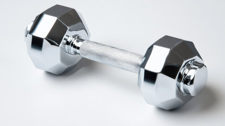 A steel dumbbell with a shiny chrome finish, isolated on a stark white background, emphasizing its professional appeal.の素材