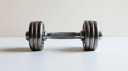 A steel dumbbell resting on a pure white surface, the shine and details of the metal stand out against the clean backdrop.の素材