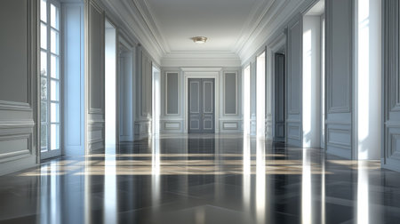 A spacious, empty corridor with polished floors, minimalist lighting, and a sleek, modern designの素材