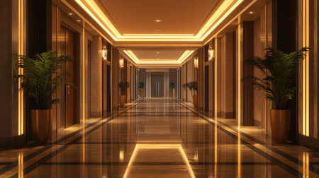 A spacious, empty corridor with polished floors, minimalist lighting, and a sleek, modern designの素材