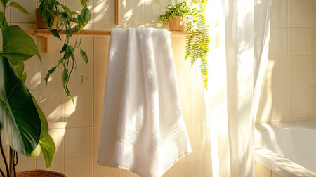 A soft white towel hanging on a wooden clothesline in a bright, sunlit bathroom with light beige tiles and plants on the windowsill.の素材