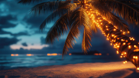 A tropical palm tree decked out with warm twinkling lights, illuminated on a cool night beside a beach.の素材