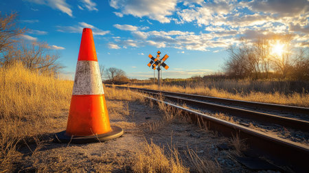 A traffic cone standing tall on a sunny day near a railroad crossing with tracks visibleの素材